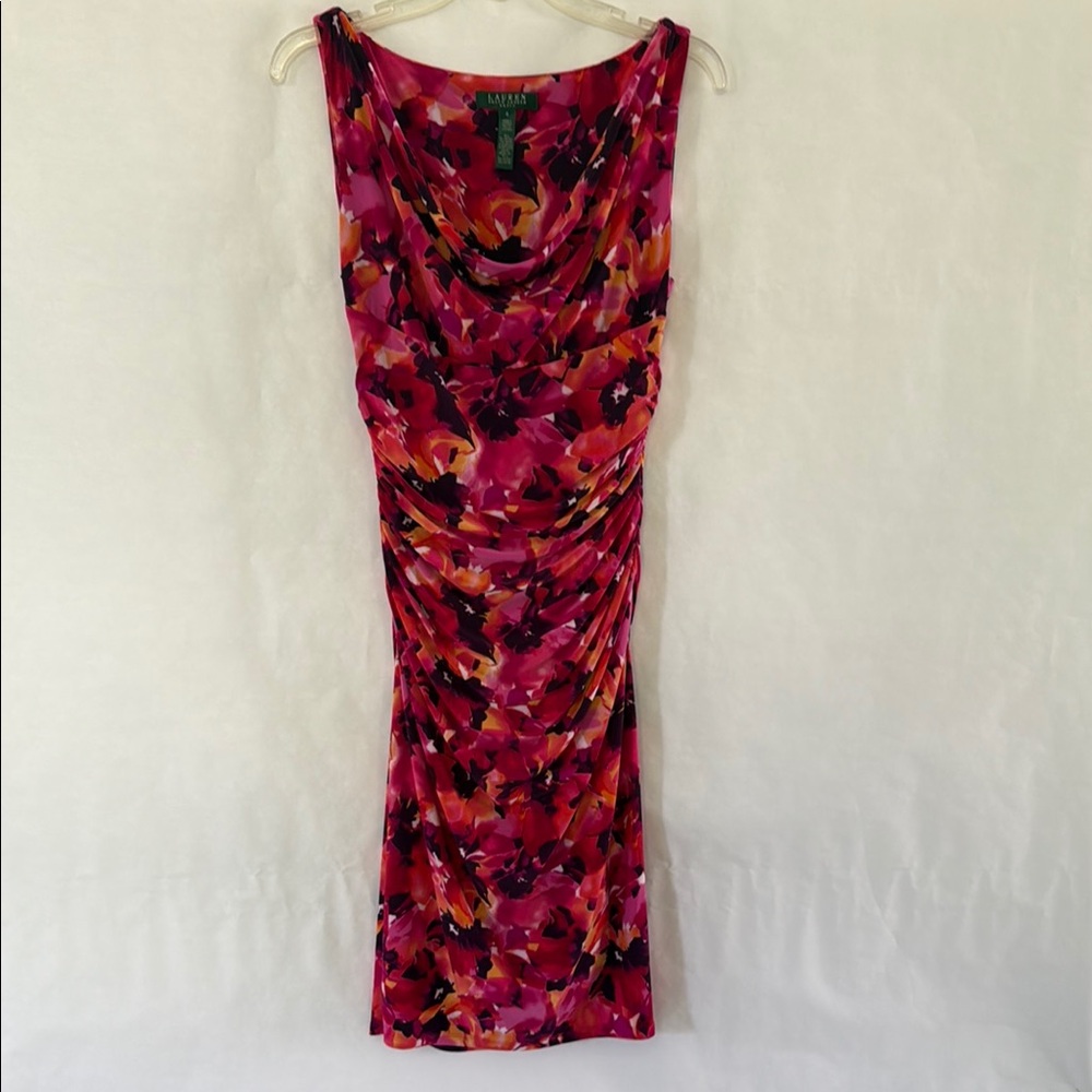 Ralph Lauren  Ruched Pink and Orange Floral Midi Dress Size 4